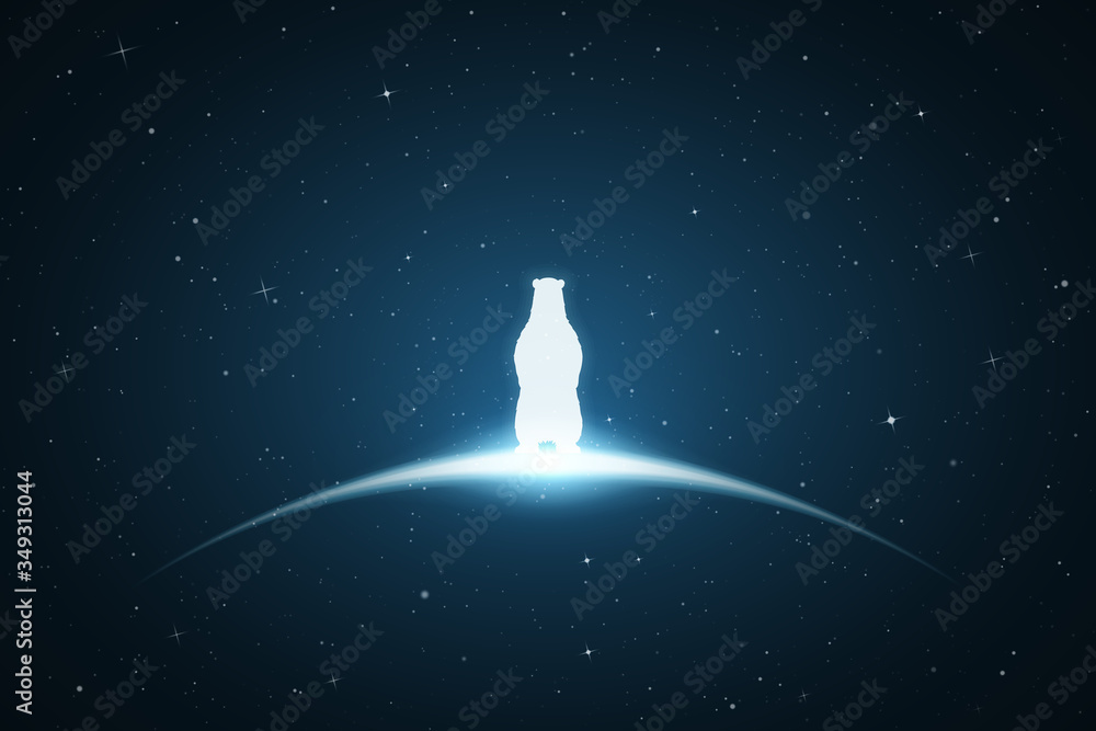 Sticker lonely bear in space. vector conceptual illustration with white silhouette of endangered animal and 