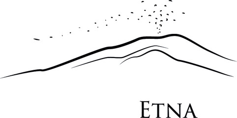 Mount Etna, Sicily, Italy. Vector black and white illustration of a volcanic eruption. Line drawing