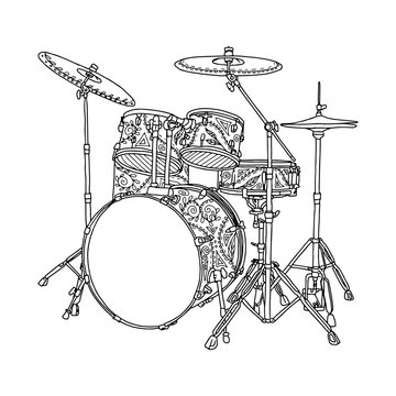 Vector coloring with drum kit. Drawn in black outline on a white background. For coloring by children and adults. 