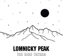The second highest peak of the High Tatras - Lomnicky peak. Mountains in Slovakia. Europe. Vector black and white illustration of mountains.
