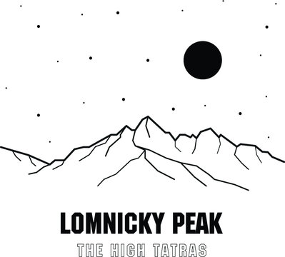 The Second Highest Peak Of The High Tatras - Lomnicky Peak. Mountains In Slovakia. Europe. Vector Black And White Illustration Of Mountains.