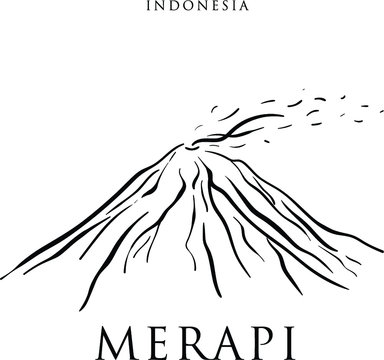 Merapi. Black and white illustration of active volcano in Indonesia. Travel, tourism, adventure. Can be used as a print for T-shirts, mugs, stickers, notepads, souvenirs. Sketch. Drawn image.