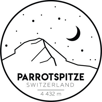 The Parrotspitze is a peak in the Pennine Alps of Italy and Switzerland. Vector black and white line drawing simple illustration of mountains. Climbing, hiking, trekking.
