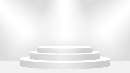 pedestal circle white and light for stage presentation background, pedestal stand for winner award and success concept, podium stage round three layer for product display, empty pedestal of exhibition