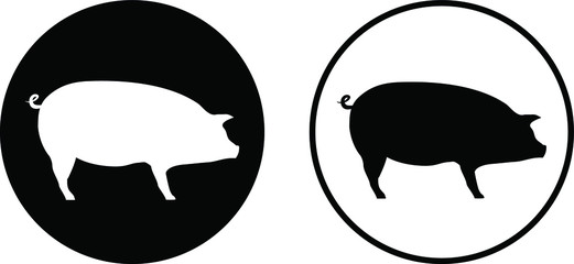 Set of vector icons of a pig. Sign for the pig farm. Vector black and white illustration of a big hog.