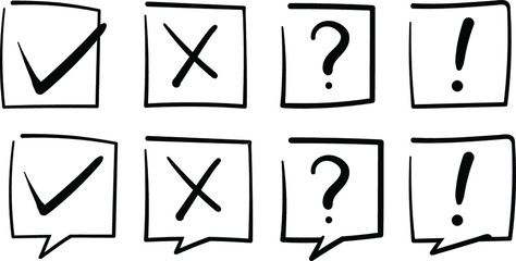 Set of black and white hand-drawn check box icons with bubbles. Tick and cross, question mark, exclamation point.