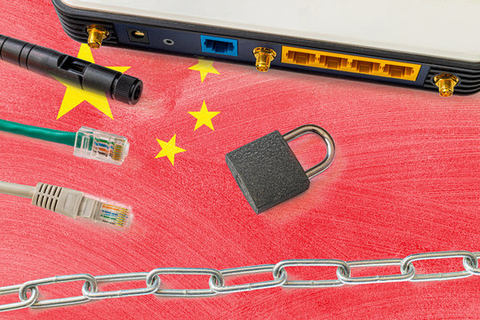 China Internet Censorship And Security Concept. Flag In The Background Of The Internet Connection Switch, Wires And A Lock With Chain.