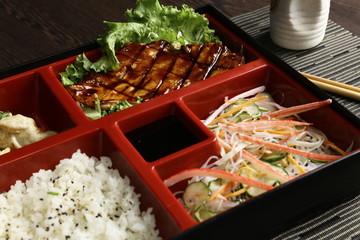 Grilled chicken teriyaki with asian rice, dumpling and oriental salad