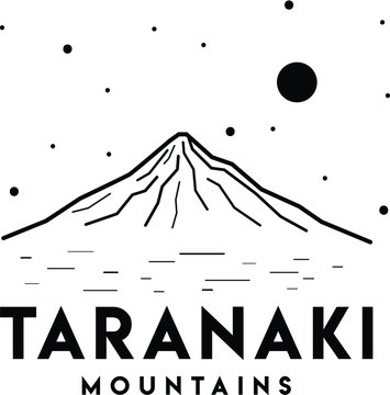 Mount Taranaki. Nature of New Zealand, mountains. Vector black and white illustration. Stratovolcano. Print design, line art, line drawing. Abstract