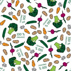 Seamless pattern with Farmers market vegetables. Cartoon background. Healthy food Vector doodle illustration. For web site backdrop, store or farmer's market decoration, food packaging, wrapping