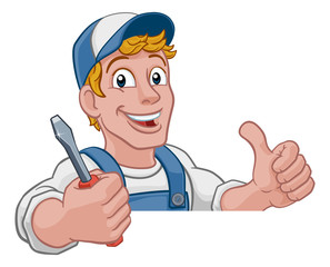 Electrician handyman man handy holding electricians screwdriver tool cartoon construction mascot. Peeking over a sign and giving a thumbs up.