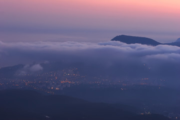 Fototapeta premium evening in the mountains. colorful sunset over Mount Demerdzhi.