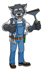 A wolf cartoon mascot car or window cleaner holding a squeegee tool and giving a thumbs up