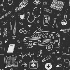 Hand drawn healthcare and medicine doodle icons seamless pattern