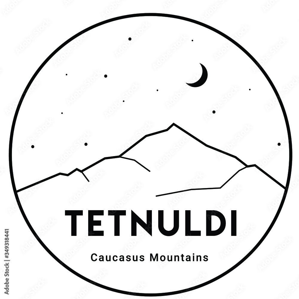 Wall mural Tetnuldi, Caucasus Mountains, Georgia. Vector black and white outline illustration of peak on white background. Print design. Hiking, climbing. Tourism and travel.