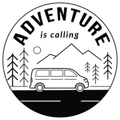 Adventure is calling. Road trip touristic location, landscape with mountains and forest trees drawn with black contour lines on white background. Monochrome vector illustration. Print design - obrazy, fototapety, plakaty