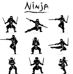 Vector set ninja cartoon doodle flat silhouettes © Maxim B