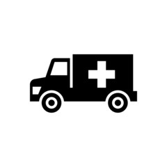 Ambulance truck icon vector in black flat design on white background, filled flat sign,  isolated on white, Symbol, logo illustration, Pixel perfect