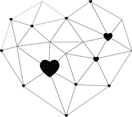 Black and white illustration of isolated heart in low poly style with little black hearts. Love web with hearts. Romantic print design. St Valentine's day. 