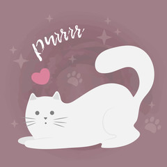 Cute cartoon white vector cat with heart. Valentine's day card, save the date greeting card, love card. Background with paws and stars. 