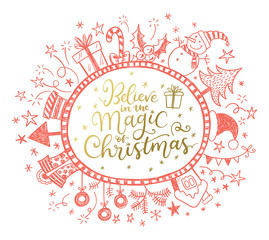 Happy Holidays greeting card with calligraphic phrase and doodle frame with hand drawn Christmas decorations