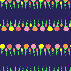 Vector flat seamless pattern multi-colored flowers for background, border. Print on paper, fabric, ceramic