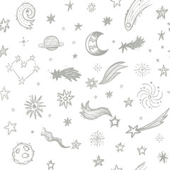 Seamless pattern with stars, comets and planets on the golden background