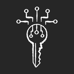 Digital key chalk white icon on black background. Personal information security. Data encryption. Electronic key. Private access. Identification technology. Isolated vector chalkboard illustration