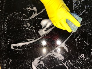 Concept of cleaning. Soap, medical gloves, rag, sponge.