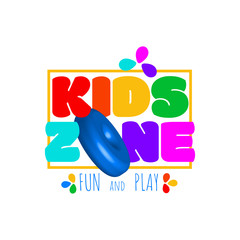 Kids zone cartoon sign, icon, logo. Colorful letters in frame for children playroom label decoration on white background. Comic poster for birthday party. Vector illustration