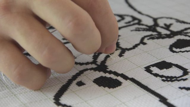 A man embroiders a white thread on a picture. A needle with a thread for embroidering a picture with a cross is clamped in a male hand.