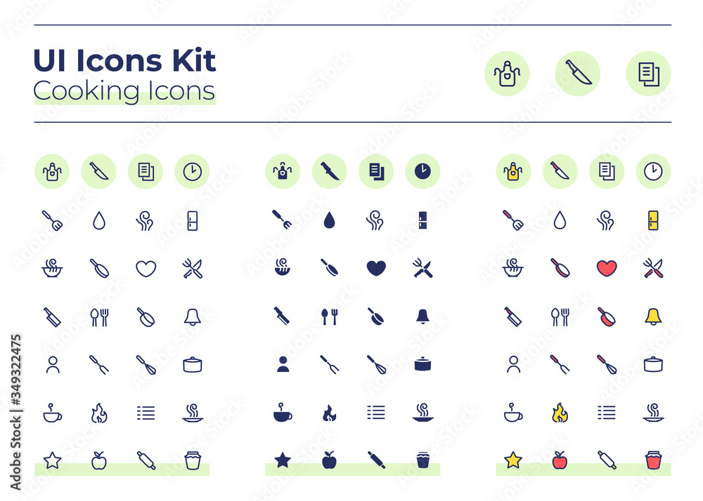 Poster cooking ui icons kit. meal preparation thin line, glyph and color vector symbols set. dinner recipe.