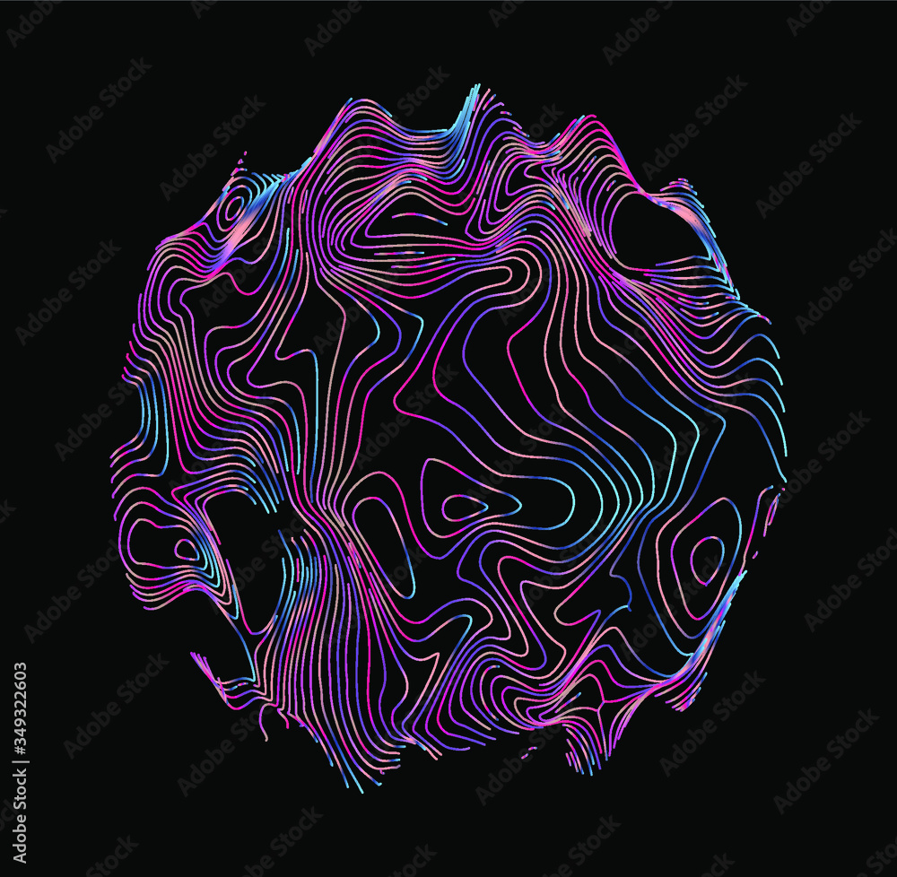 Poster Illuminated holographic circle with glitched wavy texture. Retrofuturistic illustration in 80s-90s synthwave and retrowave chromatic spectrum colors.