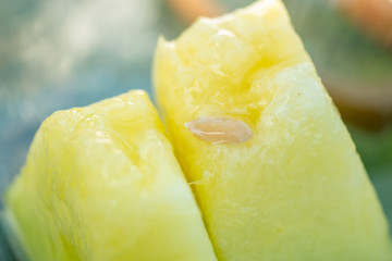 切ったメロンのアップ　タネ