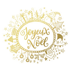 Merry Christmas card design with greetings in french language. Joyeux noel phrase with doodle frame.