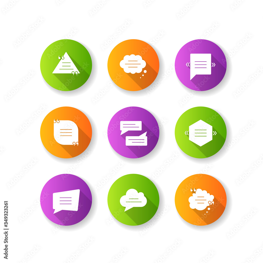 Poster comment box flat design long shadow glyph icons set. blank speech clouds different shapes. triangle 