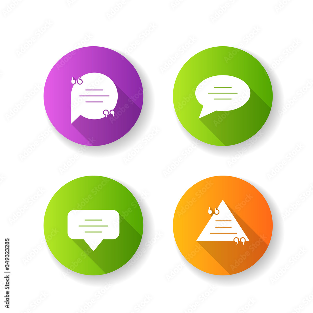 Poster empty chat bubbles with quotation marks flat design long shadow glyph icons set. textbox with quotes