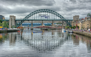 Newcastle city Skyline with Tyne Bridge in view at Newcastle Quayside 