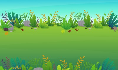 cheerful grass meadow at park trees and bushes flowers scenery background. vector illustration of forest nature happy cartoon style