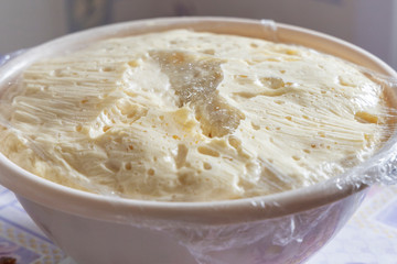 Cooking dough at home. View of the dough, kneaded in a plastic bowl.