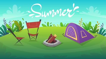 Naklejka premium nature park background. green grass on the lawn field, bushes plants and flowers, trees landscape. comic book style vector scenery