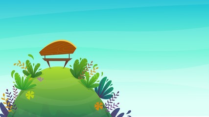 park bench on a hill with green grass and bushes plants. Nature outdoors background cartoon funny cheerful style. vector