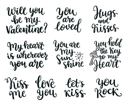 Valentines day photo overlays, handdrawn lettering collection, love and romantic phrase. You are loved, hugs and kisses, you hold the key to my heart.