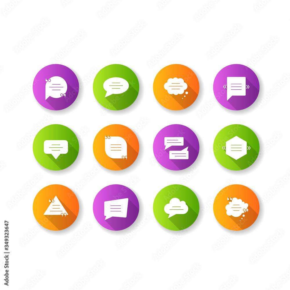 Poster dialogue box flat design long shadow glyph icons set. blank speech clouds various shapes. chat bubbl