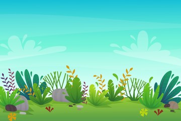 nature park background. green grass on the lawn field, bushes plants and flowers, trees landscape. comic book style vector scenery