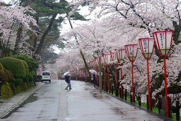 Rainy view from Kenrokuen garden in Kanazawa, Japan.
