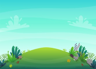 cheerful grass meadow at park trees and bushes flowers scenery background. vector illustration of forest nature happy cartoon style