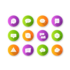 Dialogue box flat design long shadow glyph icons set. Blank speech clouds various shapes. Chat bubbles with quotation marks. Empty textbox. Silhouette RGB color illustration