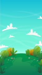 Fototapeta na wymiar nature park background. green grass on the lawn field, bushes plants and flowers, trees landscape. comic book style vector scenery