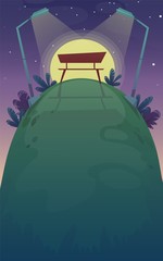 park night bench , romantic date sunset walk , grass hill stars at the sky background. vector landscape scenery illustration